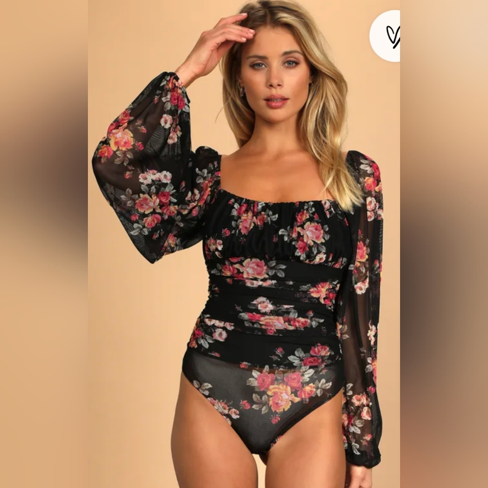 Lulu's Black Floral Print Ruched Mesh Bodysuit